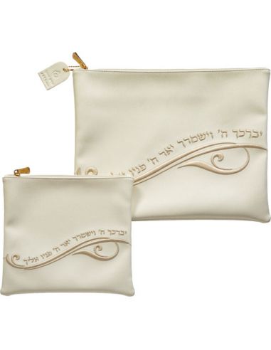 Pochette de Talit et tefillin blanc avec broderie et inscription en re