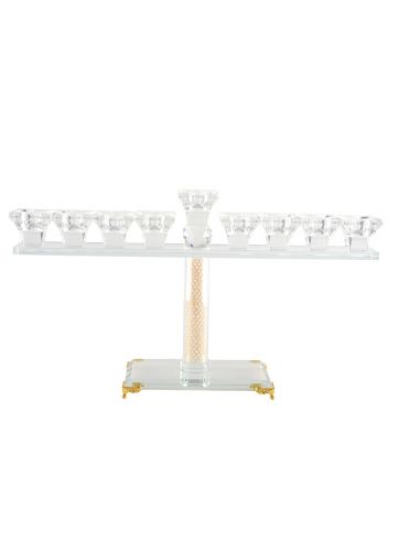 Menorah en cristal 9 feux transparente et dorée 20cm