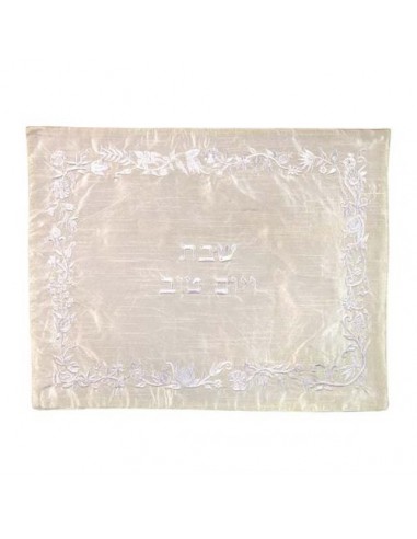 Couvre hallah brodé – motif fleurs blanc
