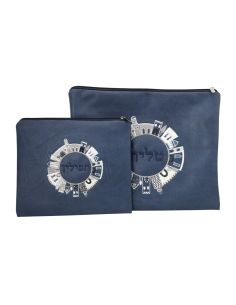 Pochette pour talit et téfilin – vinyle bleu marine – broderie Jérusal