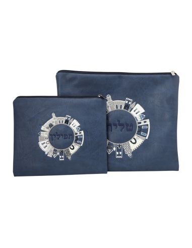 Pochette pour talit et téfilin – vinyle bleu marine – broderie Jérusal