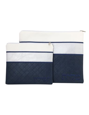 Pochette pour Talit et Tefilin en vinyle blanc argent et bleu marine