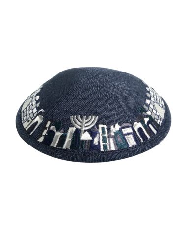 Kippa en lin – broderie Jérusalem bleue