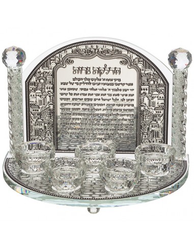 Cinq bougeoirs en verre avec plaque 34x22 cm